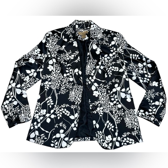 Notations Women's Two Button Jacket Blazer‎ Size Medium Satin Black White Floral - Picture 1 of 9